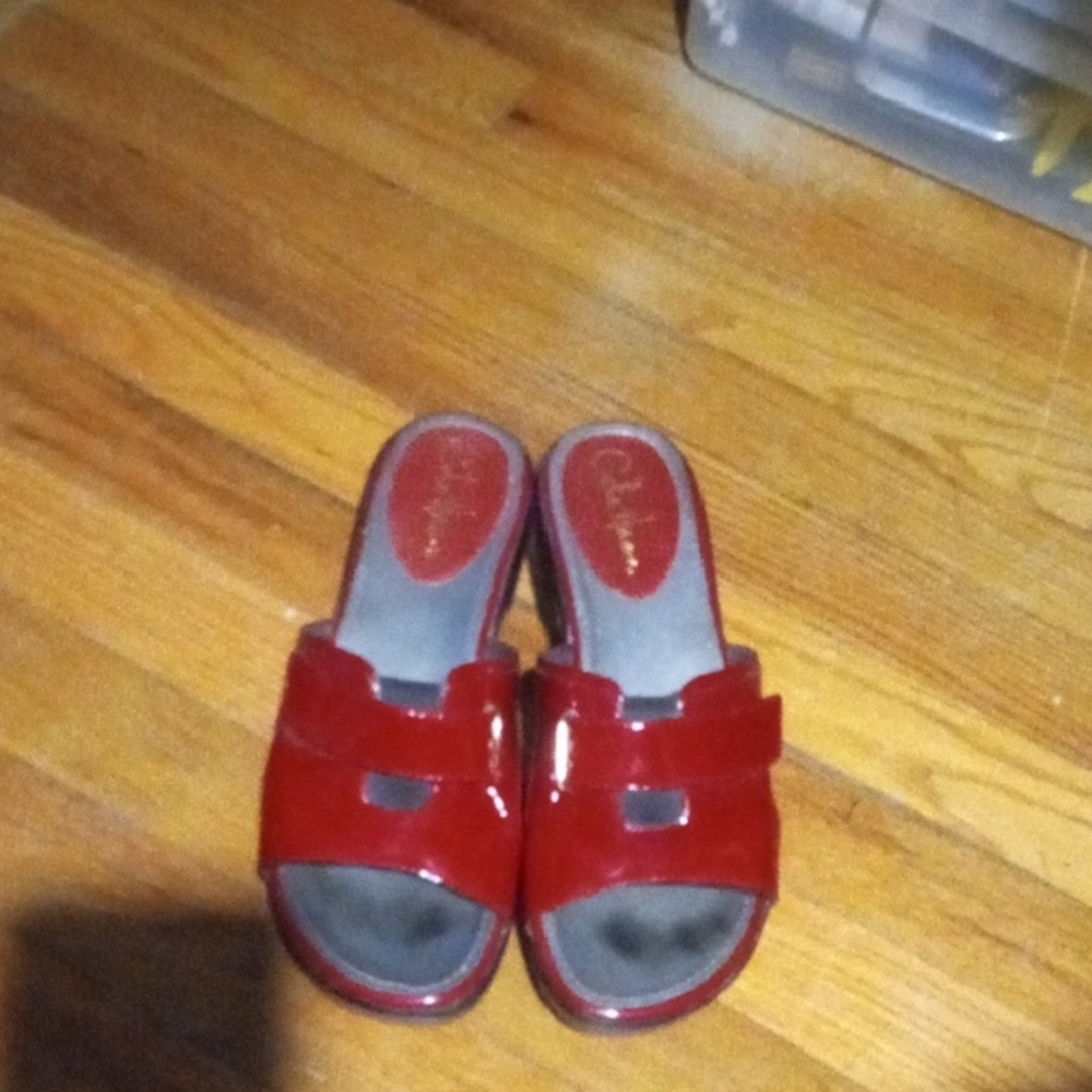 Cole Haan Shiney Candy Apple Red Slide Sandals with Golden Buckle Detail Size 7